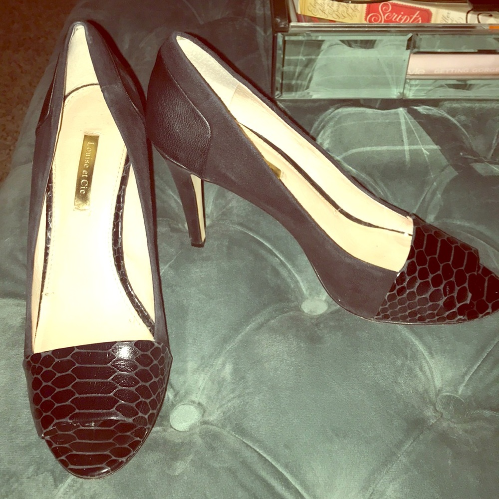 Black peep toe pumps by Louise at Cie
